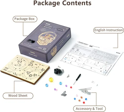 Vista 7 de ROKR Juego de rompecabezas de madera 3D para adultos, globo luminoso, caja de música Orrey y caja de música para violonchelo, regalo único