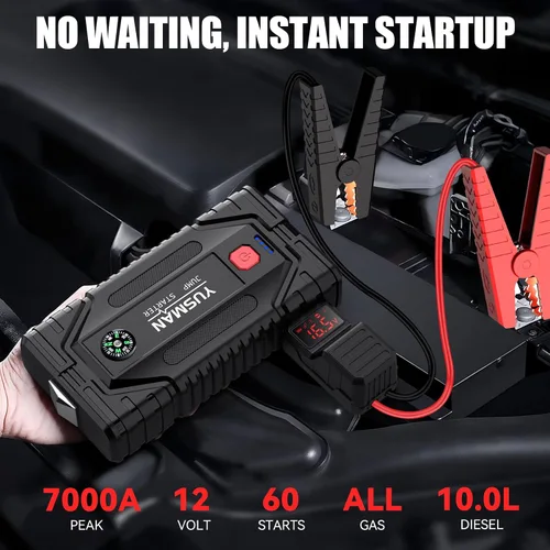 Vista 2 de Arrancador, arrancador de coche de 7000 A, paquete de arranque de batería de 12 V, cargador portátil y cables de puente para todos los motores