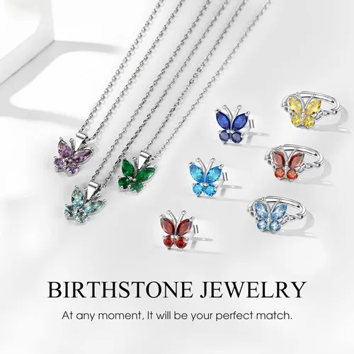 Vista 2 de Bestyle Anillo de collar de mariposa con piedra natal plateada para mujeres, delicado y lindo regalo de joyería de mariposa para mujeres