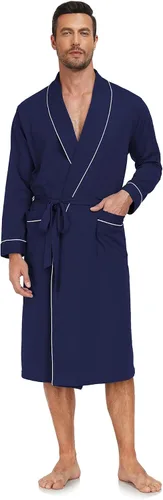 Vista 9 de COLORFULLEAF Bata de baño para hombre, 100% algodón, ligera, larga, ropa de dormir de punto suave, bata de spa con bolsillos Verde militar