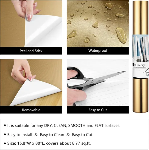 Vista 5 de LACHEERY Papel tapiz dorado marrón brillante para despegar y pegar, papel tapiz metálico de bronce, papel adhesivo moderno de metal brillante