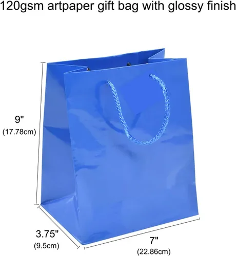 Vista 4 de FAiVICA 24 bolsas de regalo de papel azul brillante de alta calidad medianas (7 x 9 x 3.75 pulgadas), bolsas brillantes para recuerdos de fiesta