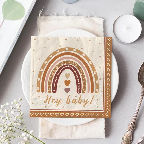 Vista 6 de AnyDesign Paquete de 80 servilletas de papel boho arcoíris Hey Baby Party Luncheon Servilletas retro desechables decorativas para baby shower