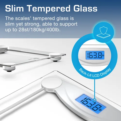 Vista 6 de Active Era Báscula digital de peso corporal, báscula de baño ultradelgada de alta precisión con vidrio templado, tecnología Step-on y pantalla