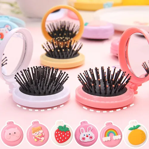 Vista 2 de Cepillo de pelo de viaje, peine de bolsillo con mini espejo, cepillos de pelo plegables compactos, redondos, mini peine de masaje compacto