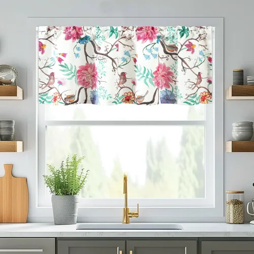 Vista 41 de VOGOL Cenefa de pájaro y bayas, decoración clásica de ventana de campo americano con estampado botánico, cortina de bolsillo para barra fácil