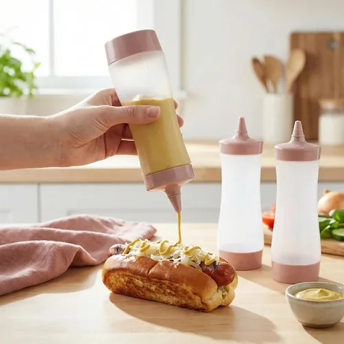 Vista 2 de 3 botellas exprimibles de condimentos para salsas, botella de plástico con tapa, aderezo, aceite, salsa de mostaza, dispensadores de salsa de tomate