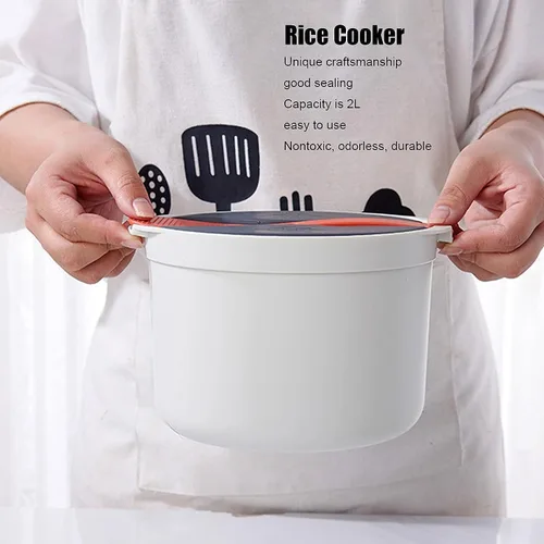Vista 7 de Olla de arroz para microondas con vaporizador, olla para pasta para microondas con colador, juego de utensilios de cocina para microondas de 2 L