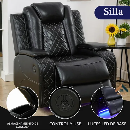 Vista 6 de Juego de sofá reclinable eléctrico para sala de estar, juego de sofá reclinable de cuero con luz LED, soporte para tazas, almacenamiento de consola