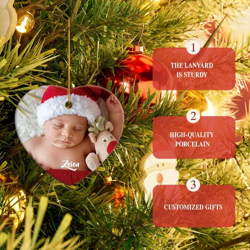 Vista 2 de iDIY Adornos de Navidad personalizados 2024 – Adornos de cerámica con texto con imagen personalizada para árboles de Navidad, adorno colgante