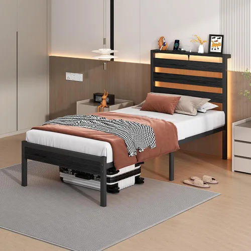 Vista 6 de CLIBFENG Base de cama tamaño individual con estación de carga USB, marco de cama LED con cabecera de almacenamiento de madera, cama de plataforma