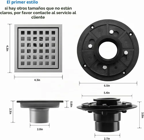 Vista 6 de Desagüe de ducha, desagüe de piso cuadrado cromado de 4 pulgadas con brida, panel de rejilla extraíble plateado de acero inoxidable SUS 304, desagüe