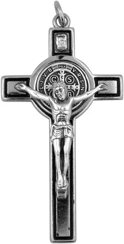 Vista 2 de VILLAGE GIFT IMPORTERS Colgante de cruz pectoral de San Benito de 3 pulgadas Plata u oro con forro negro Viene con tarjeta informativa Joyería