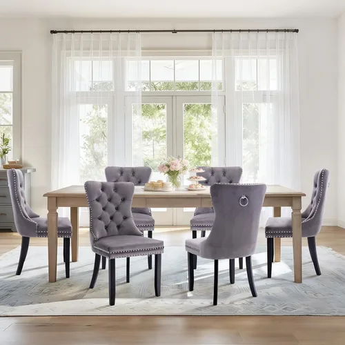 Vista 93 de Juego de 2 sillas de comedor de terciopelo con patas de madera, color beige Mid Century Modern Dining Chairs,Upholstered Chairs with Nailhead