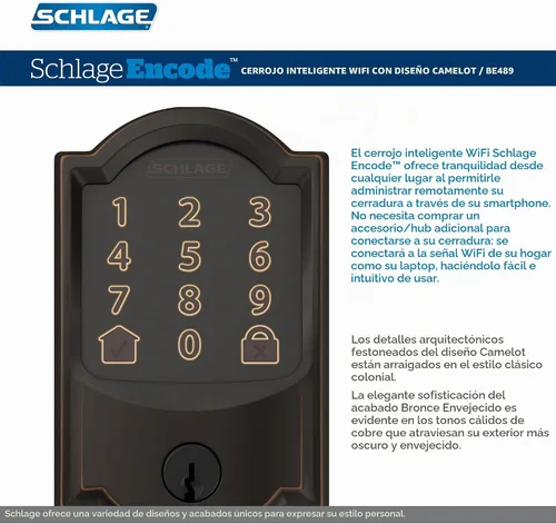 Vista 2 de Cerradura de seguridad táctil Schlage Camelot, BE375 CAM 716 Bronce Envejecido