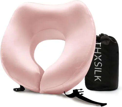 Vista 8 de THXSILK Almohada de cuello 100% seda de morera para viajes y avión, almohada de viaje de espuma viscoelástica para soporte de cuello en coche y Negro