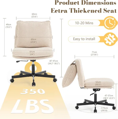 Vista 2 de Fizzin Cross Chair, Memory Foam Armless Home Office Chair with Wheels, Beige