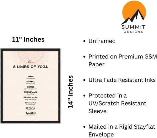 Vista 2 de Póster decorativo de pared con 8 extremidades de yoga, individual (11 x 14 pulgadas) sin marco, estudio de yoga Yamas Niyamas Asana Pranayama