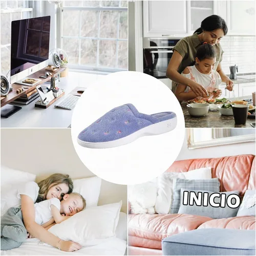 Vista 4 de isotoner Pantuflas tipo zueco bordadas extra pequeñas para mujer Flor gris jaspeado festoneada