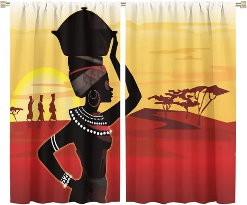 Vista 54 de Cortina de mujer africana, con estampado étnico tribal y étnico, reducción de ruido, para dormitorio, sala de estar, cortinas con aislamiento