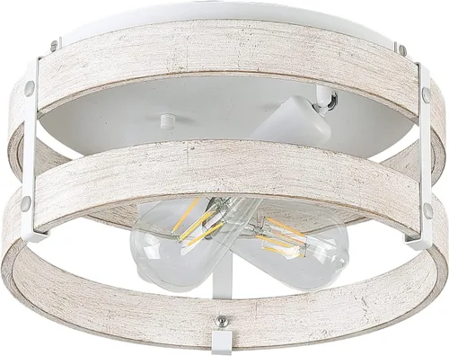 Vista 7 de Moderno de granja ?Blanco antiguo con aspecto desgastado lámpara de techo empotrada de 2 luces lámpara de techo de tambo de madera montaje