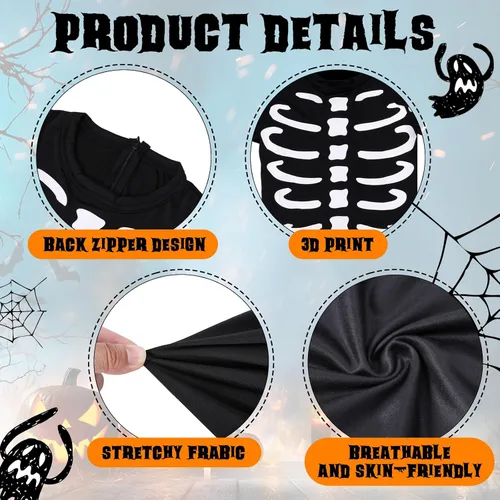 Vista 4 de Hoosige Disfraz de esqueleto de Halloween para niños, overol de esqueleto que brilla en la oscuridad, overol para niños, overol de cosplay, fiesta