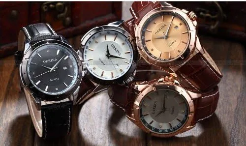 Vista 7 de ORKINA Reloj deportivo de lujo oro tono redondo fecha marrón banda de cuero hombres reloj deportivo ORK083, Oro, Reloj de cuarzo
