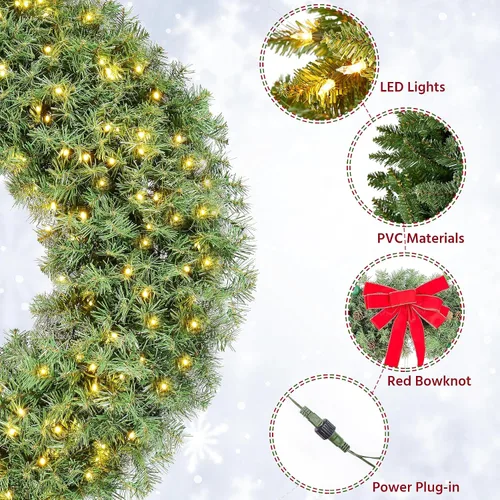 Vista 5 de Yaheetech 2 coronas artificiales grandes de Navidad de 48 pulgadas, decoración navideña preiluminada con lazo rojo, 200 luces LED y 720 puntas