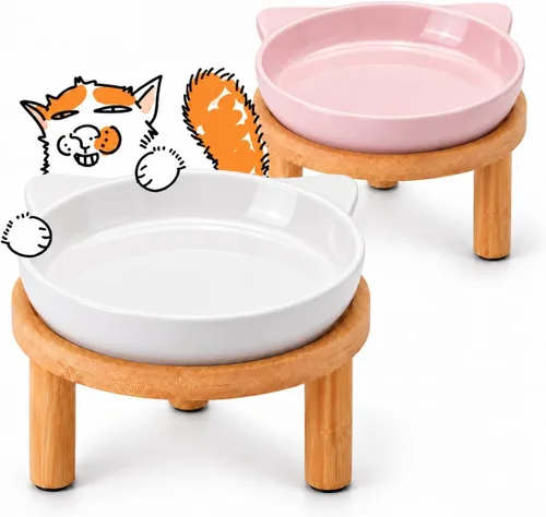 Vista 17 de Cuencos elevados de cerámica para gatos con soporte de bambú, platos elevados de comida para mascotas para gatos y perros pequeños, comedero