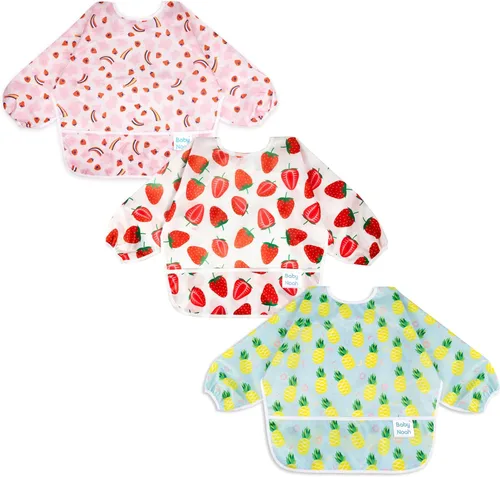 Vista 12 de Juego de baberos de manga larga de 3 piezas, baberos impermeables para bebés con bolsillo, babero para niños pequeños con mangas, bata resistente a