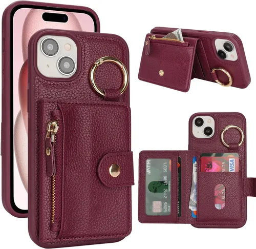 Vista 74 de Funda para iPhone 14 Plus con tarjetero, color negro Funda con cremallera y ranura para mujer y hombre