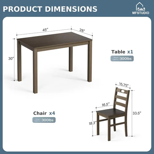 Vista 8 de MFSTUDIO Juego de 4 sillas de mesa de cocina de 5 piezas, juego de mesa de comedor de madera para 4, juego de mesa de comedor de granja que ahorra