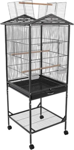 Vista 7 de Jaula grande para pájaros, jaulas movibles para pájaros con ruedas, 4 ventanas de alimentación, bandeja deslizante, aviario panorámico para pájaros