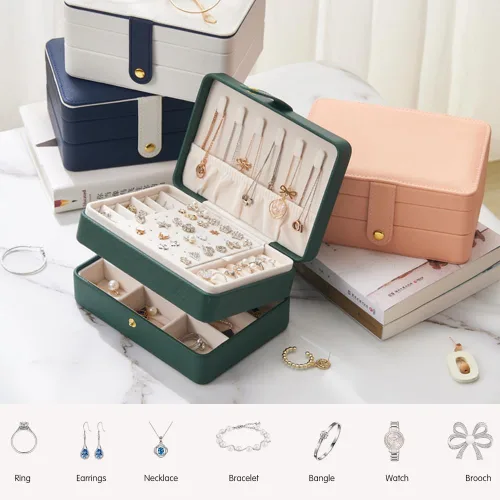 Vista 8 de BUTI4WLD Joyero pequeño, cajas de joyería para mujeres y niñas, caja organizadora de joyas, 2 capas organizador de almacenamiento de joyas de viaje