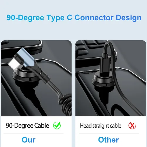 Vista 4 de Cable USB C a USB C en espiral de 4.5 pies, cable de carga tipo C a tipo C con pantalla LED retráctil de 60 W, cable de carga rápida para automóvil