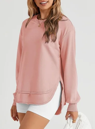 Vista 2 de SHEWIN Sudadera de gran tamaño para mujer, casual, de otoño, manga larga, cuello redondo, sin botones