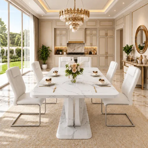 Vista 49 de JUFU Juego de mesa de comedor moderno para 4, juego de mesa de cocina rectangular de 63 pulgadas con mesa de mármol sintético y 4 sillas tapizadas