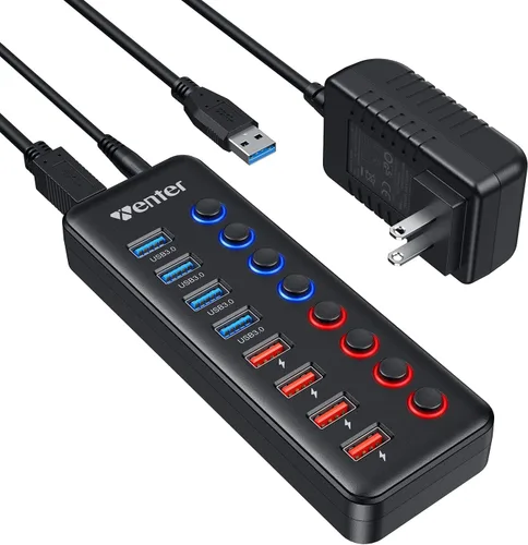 Vista 9 de Wenter Hub USB 3.0 de 6 puertos USB 3.0 (4 puertos de datos USB 3.0 + 2 puertos de carga rápida QC 3.0) con interruptores LED individuales