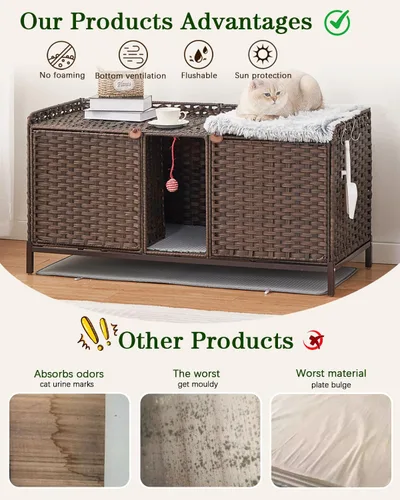 Vista 3 de SETVSON Caja de Arena para Gatos para 2 Gatos, Mueble Oculto de Caja de Arena con Alfombra, Casa Grande de Ratán para Gatos con Habitación Doble