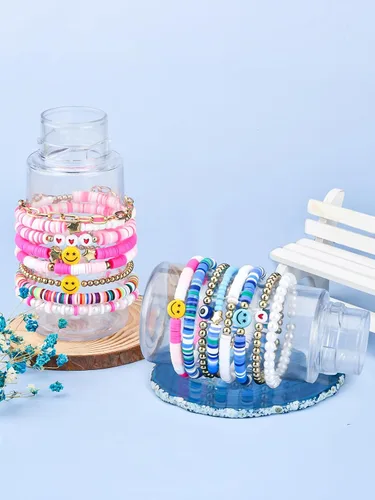 Vista 3 de Preppy Heishi - Juego de pulseras de surfista para niñas adolescentes, bonitos aretes estéticos, anillos estéticos preppy coloridos de oro blanco