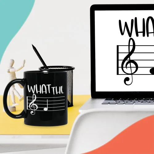 Vista 6 de Taza de café musical de 11 onzas, con texto en inglés "What The F Funny Note Sayings", regalo único para profesores musicales, amantes de la música