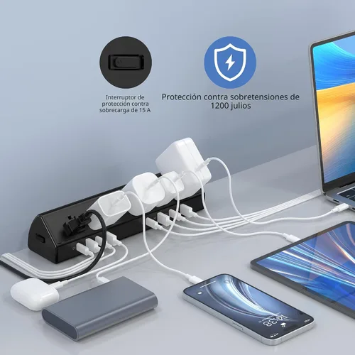 Vista 3 de Regleta de Alimentación con Abrazadera para Escritorio de 65W Estación de Carga Rápida, 4 PD USB-C, 5 Tomacorrientes, Protector contra