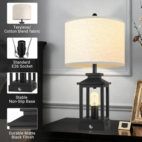 Vista 3 de Lámpara de mesa estilo granja para dormitorio, lámpara táctil negra con puertos USB-C y USB-A, lámparas de noche retro regulables de 3 vías