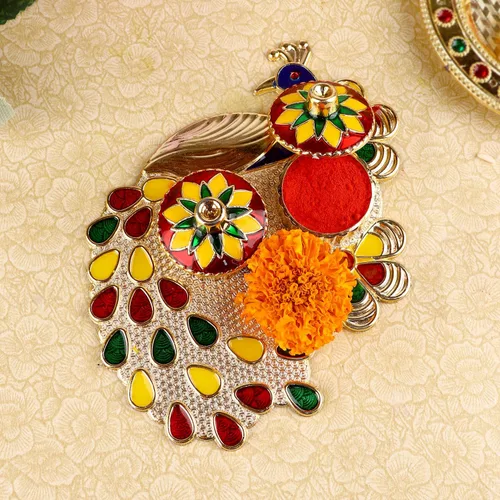Vista 7 de SATVIK - Soporte para chawal/arroz Kankavati Thali Roli con tapa, soporte Kumkum Haldi Rakhi Pooja Thali Indian Festival Diwali Pujan Mandir Tika
