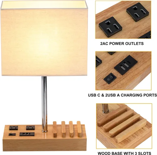 Vista 3 de Lámpara de escritorio Dreamholder con 3 puertos de carga USB, lámpara de mesa con 2 tomas de CA y 3 soportes de teléfono, lámpara de mesita de noche