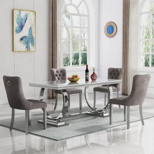 Vista 72 de Juego de 5 mesas de comedor, juego de mesa de cocina y comedor para 4, mesa de comedor rectangular de mármol sintético negro de 70 pulgadas con base