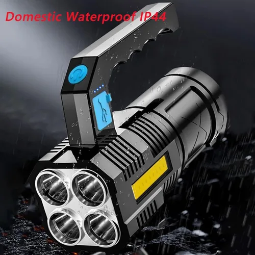 Vista 2 de Linterna recargable USB de alto lúmenes, linterna de camping con 4 potentes cuentas LED, linterna de mano para el hogar, 4 modos, impermeable