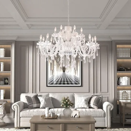 Vista 3 de Maxax Candelabro de cristal de 18 luces, moderna lámpara colgante colgante con gotas de lluvia, iluminación de techo ajustable de cadena, base E12