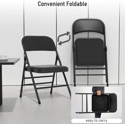 Vista 6 de Paquete de 4 sillas plegables negras con cojín acolchado de tela, juego de sillas de comedor de tela, sillas plegables apilables portátiles