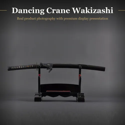 Vista 2 de Grúa de baile Wakizashi, espada de espiga completa forjada a mano de acero al carbono 1060 grúa bailarina de hierro tsuba 1060 wakizashi
